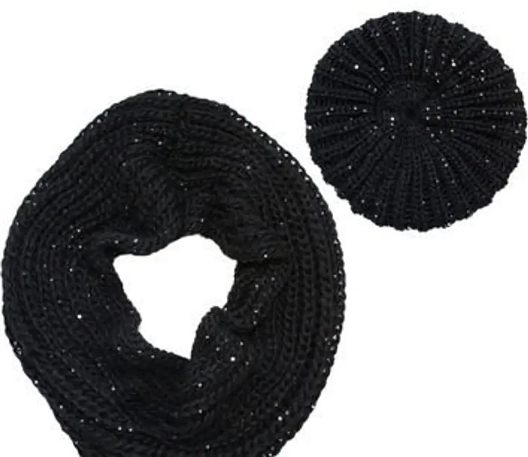 Sequin Hat & Scarf Set in Black
