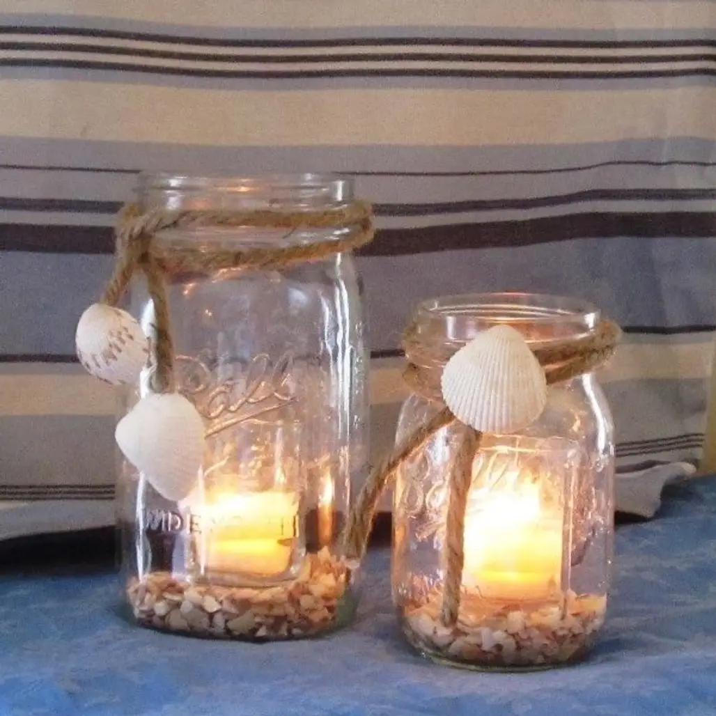 Mason Jar Candle Holder with Sea Shells