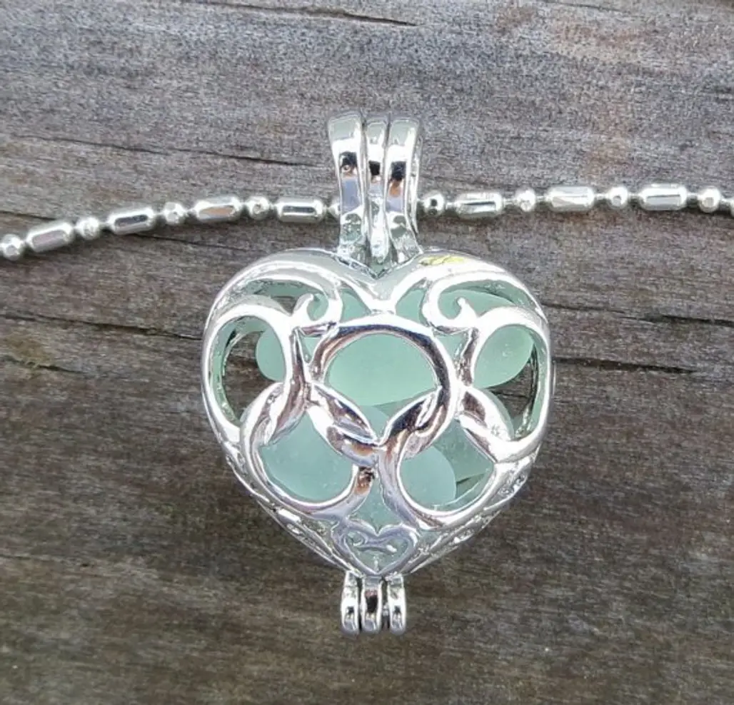 Aqua Sea Glass Heart Necklace