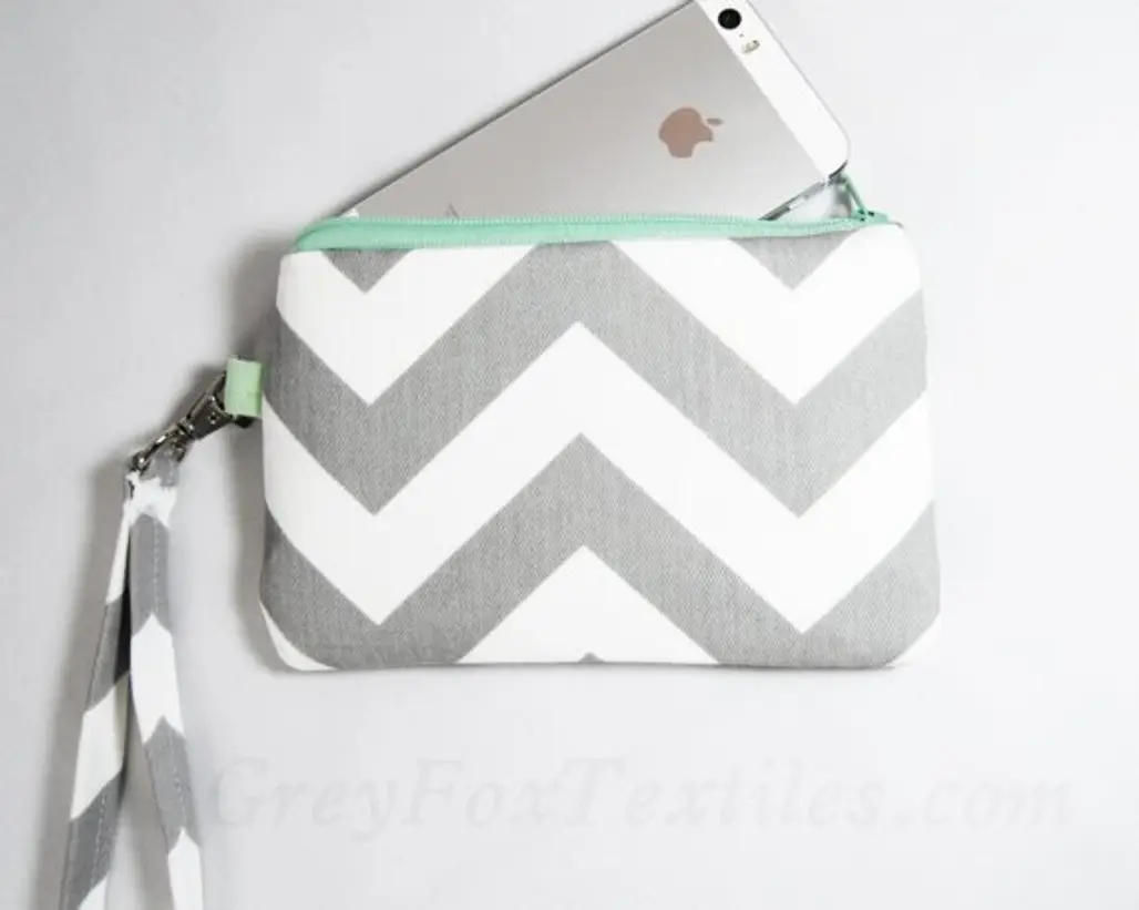 Chevron Wristlet in Gray and Mint Green