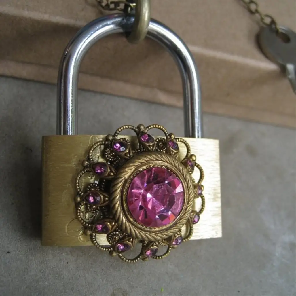 Antique Rhinestone Padlock and Key Necklace