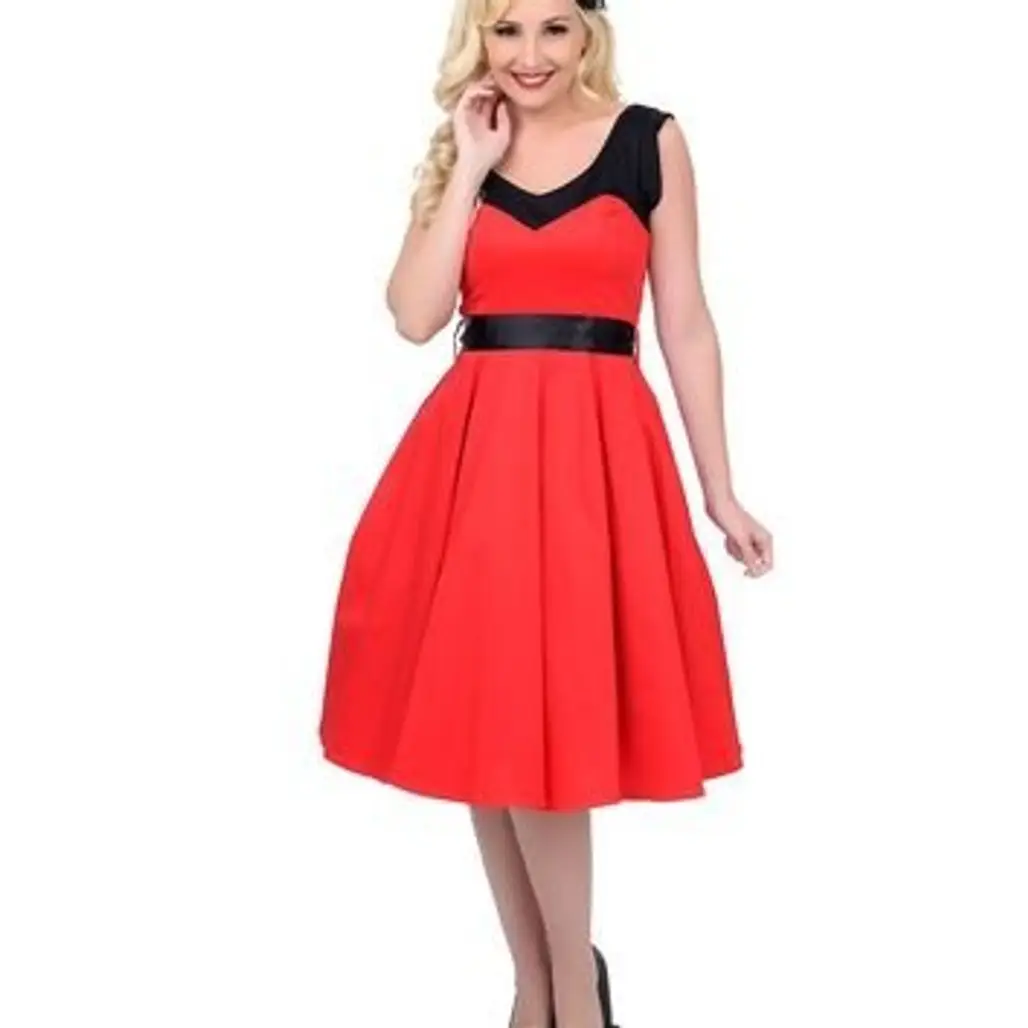 1950s Style Red & Black Color Block Swing Dress