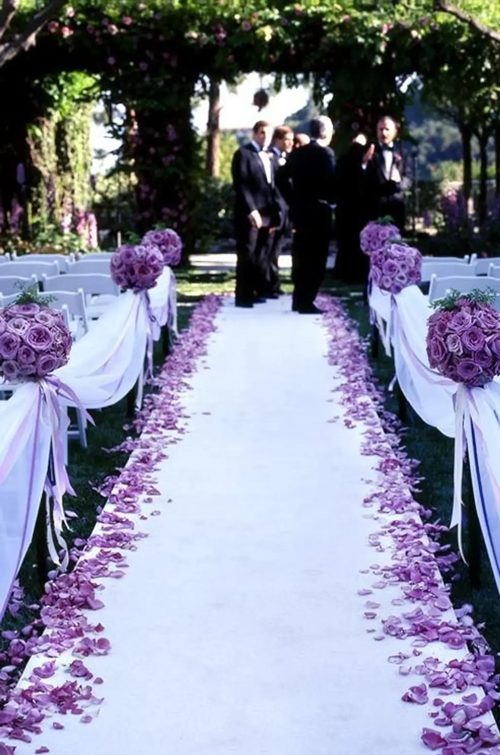 Pomanders of Purple Roses, Scattered Petals and Purple Satin Ribbons
