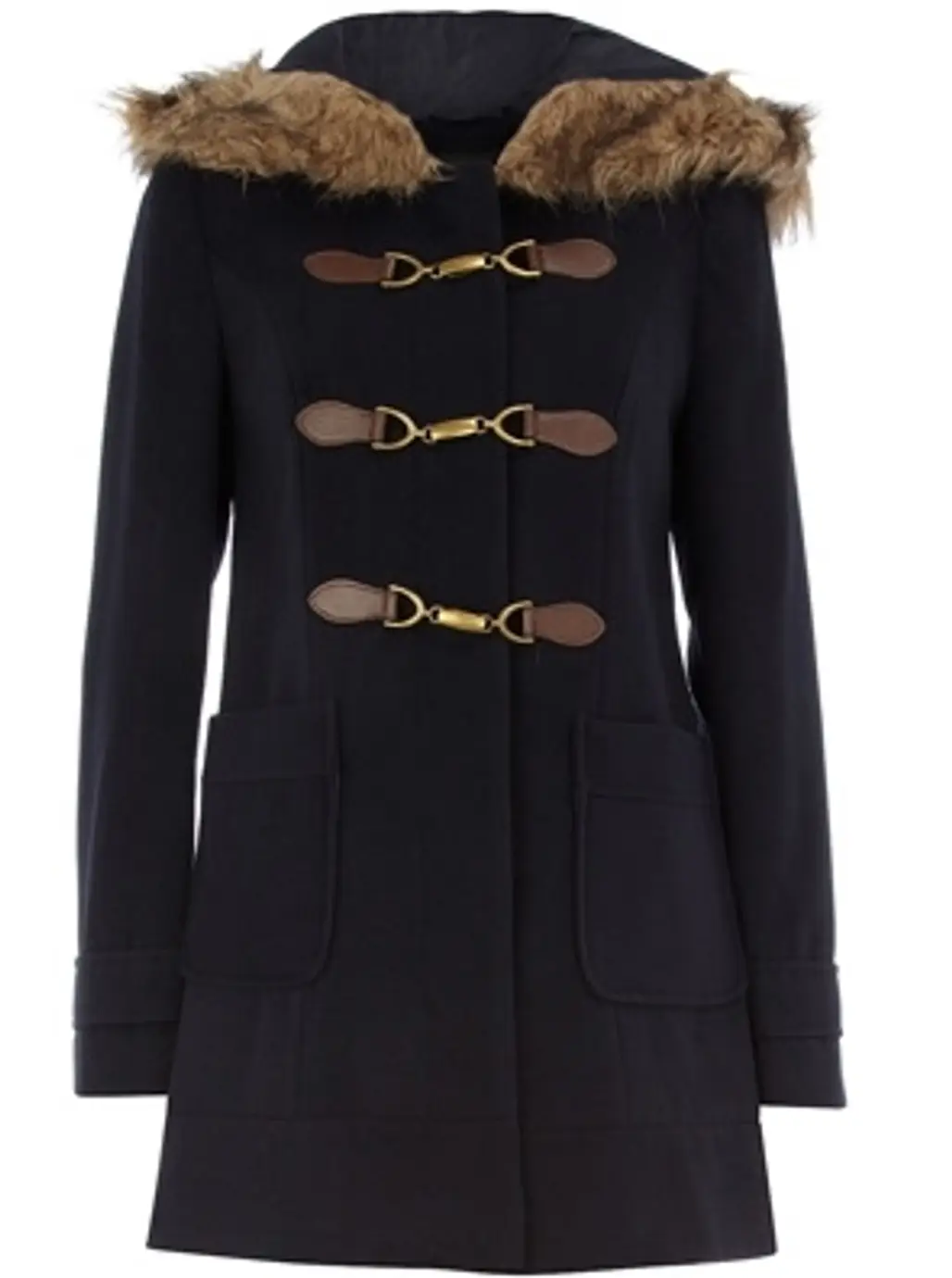 Dorothy Perkins Navy Fur Hood Buckle Duffel Coat