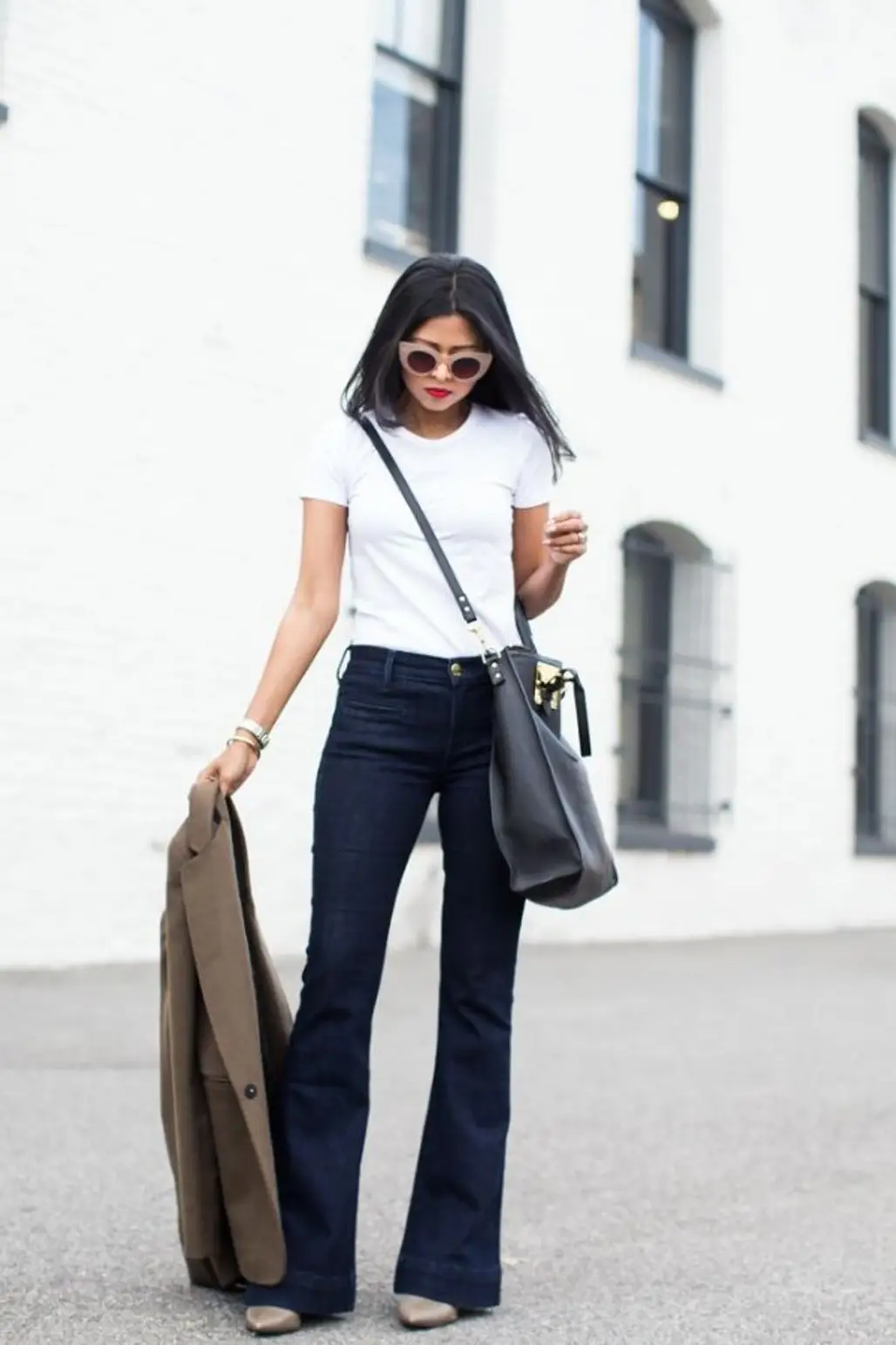 Keep It Simple with Dark Denim Flares and a White Tee