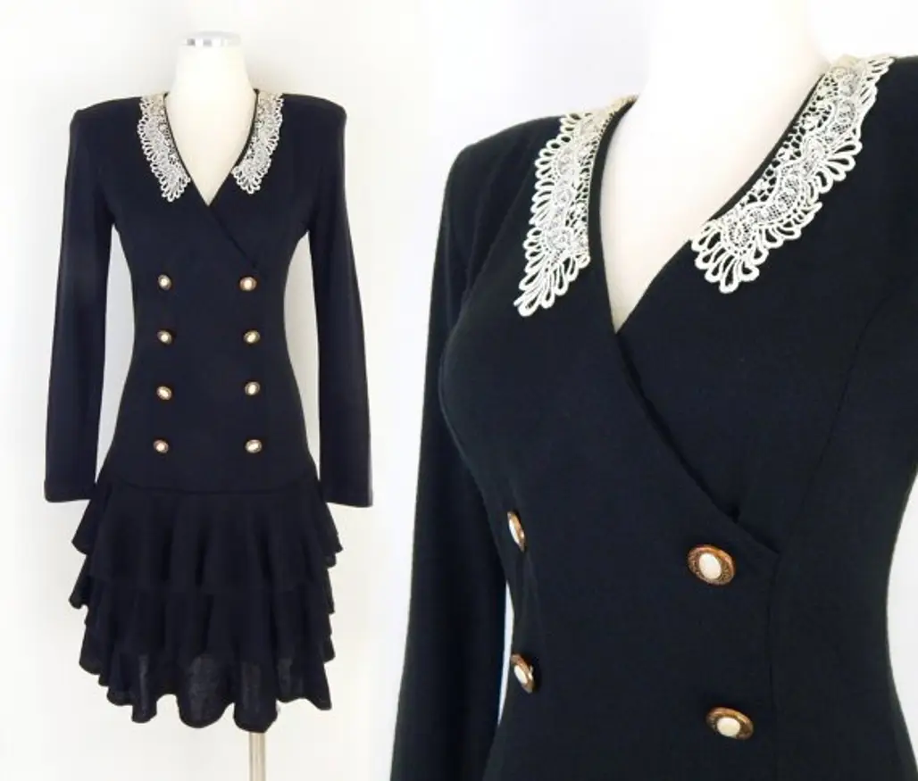 Vintage 90s Black Knit Lace Collar Dress