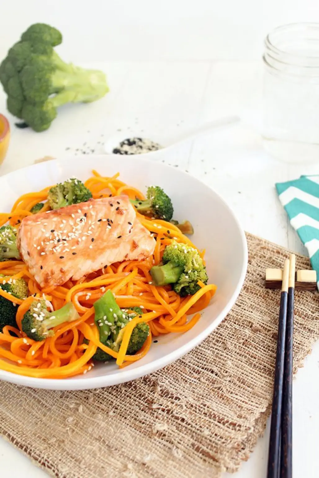 SALMON with BUTTERNUT SQUASH NOODLES and SESAME BROCCOLI