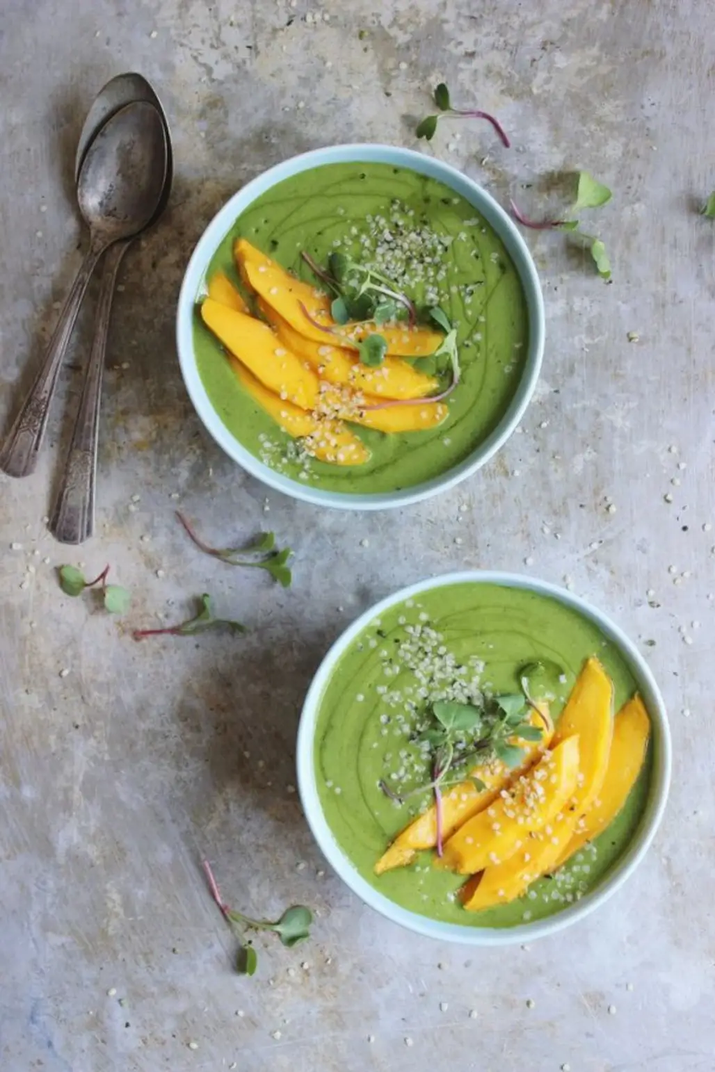 Banana Mango Green Smoothie Bowl with Hemp Seeds Sprouts