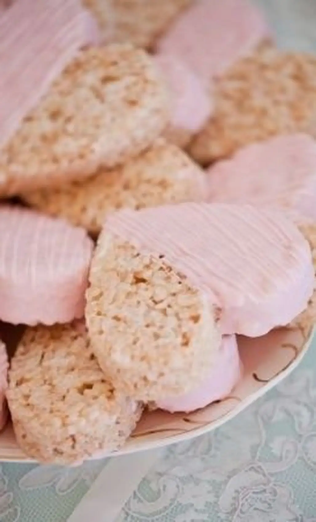 Heart Shaped Rice Krispie Treats Dipped in Pink White Chocolate