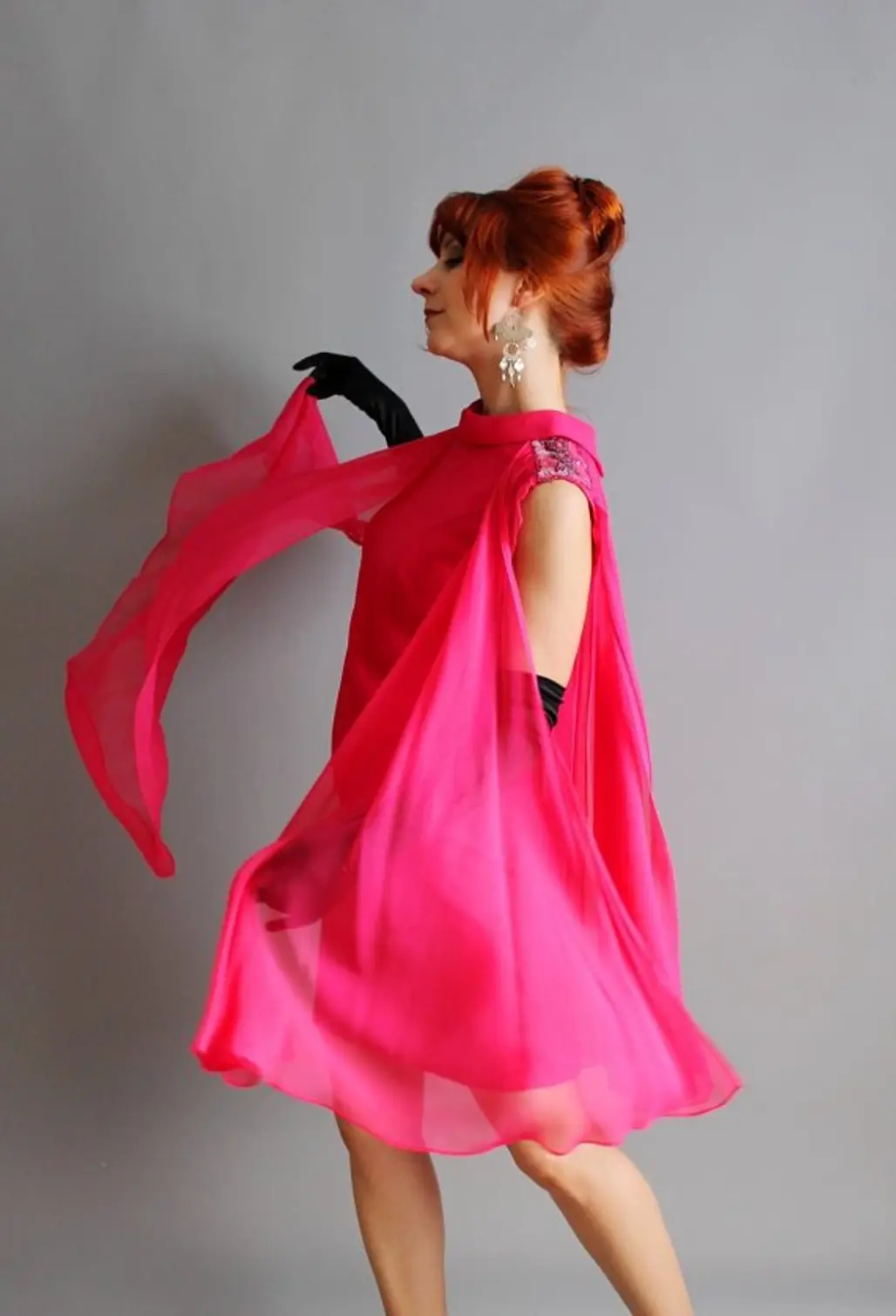 1960s Deep Bright Raspberry Pink Chiffon Party Dress