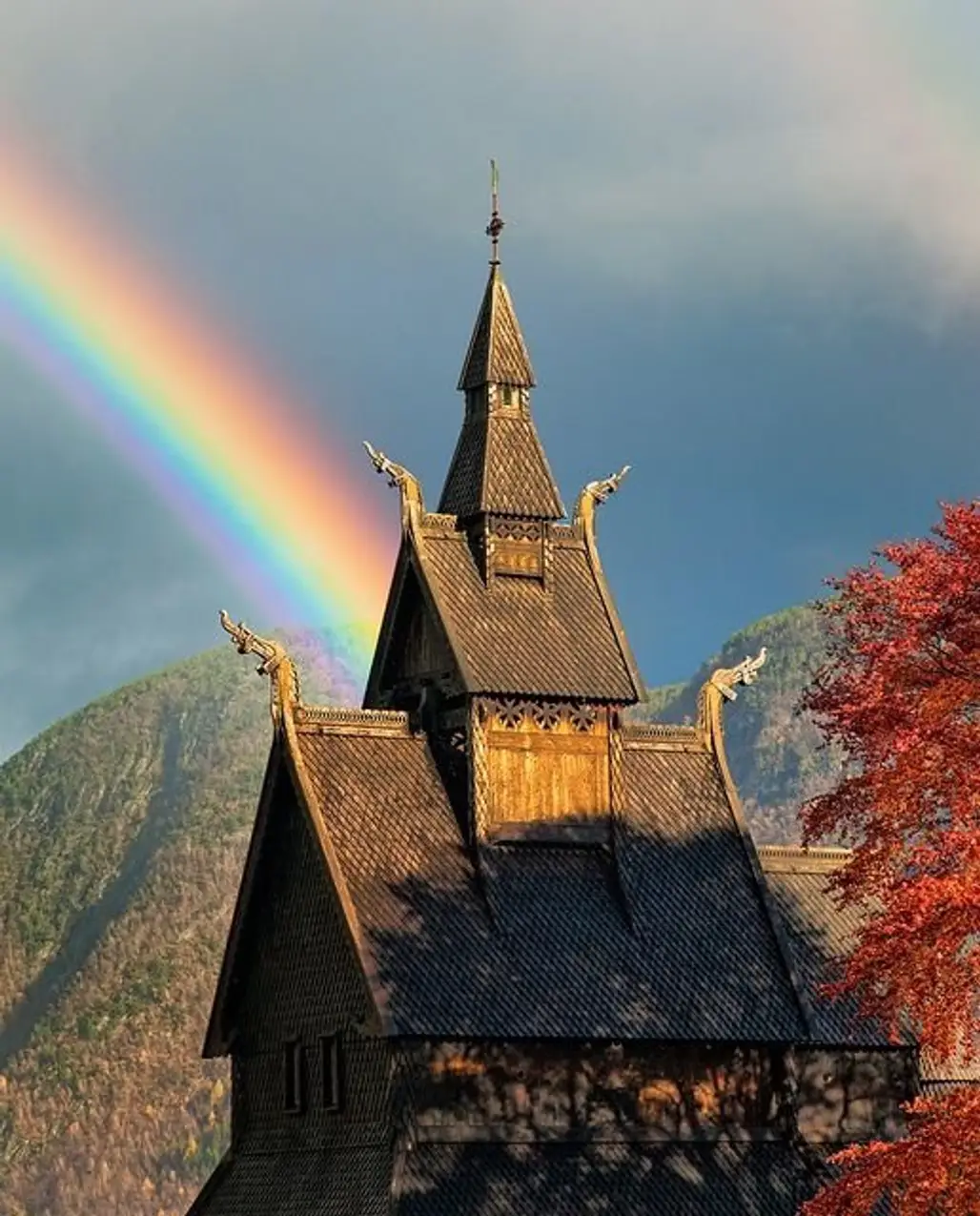 Rainbow over Hopperstad Stave Church in Vik, Norway