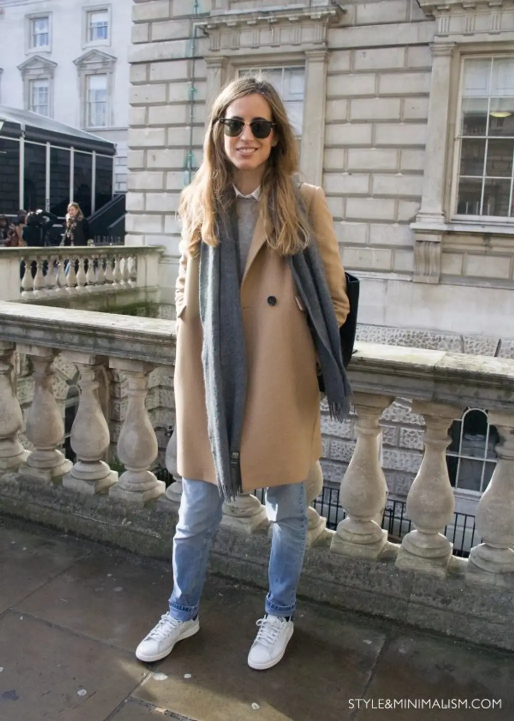 Camel Coat and White Trainers