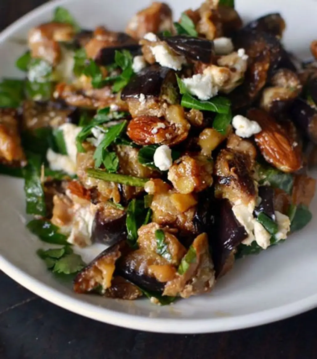 Roasted Eggplant Salad with Smoked Almonds & Goat Cheese