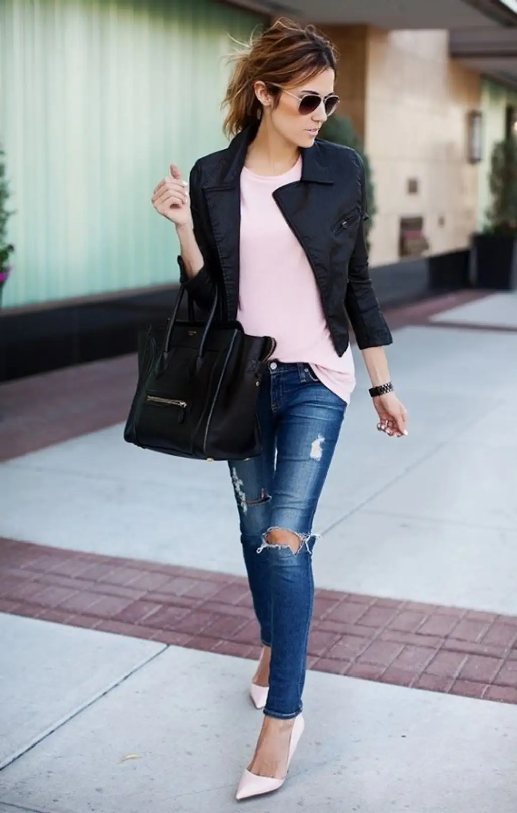 Pink Top with Jeans and Leather Jacket