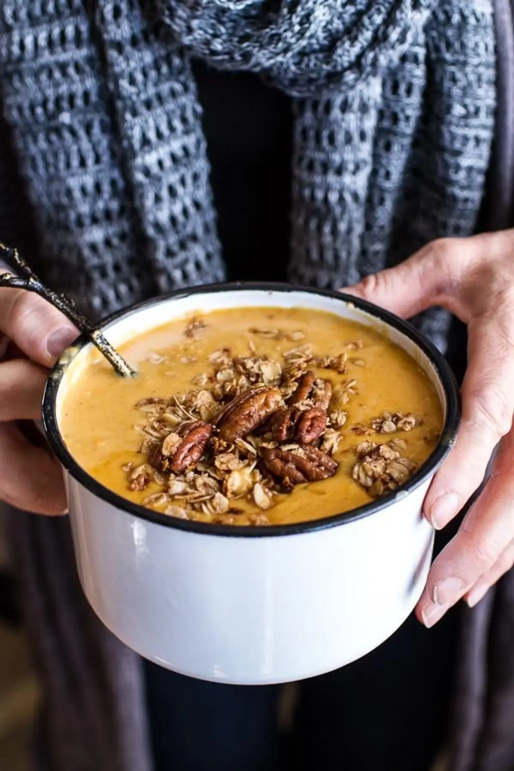 Brie Cheddar Apple Beer Soup with Cinnamon Pecan Oat Crumble