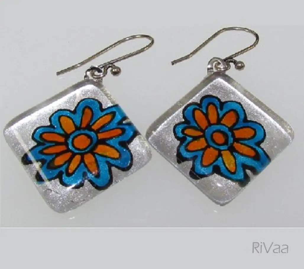 Orange and Blue Flower Hand-painted Glass Earrings