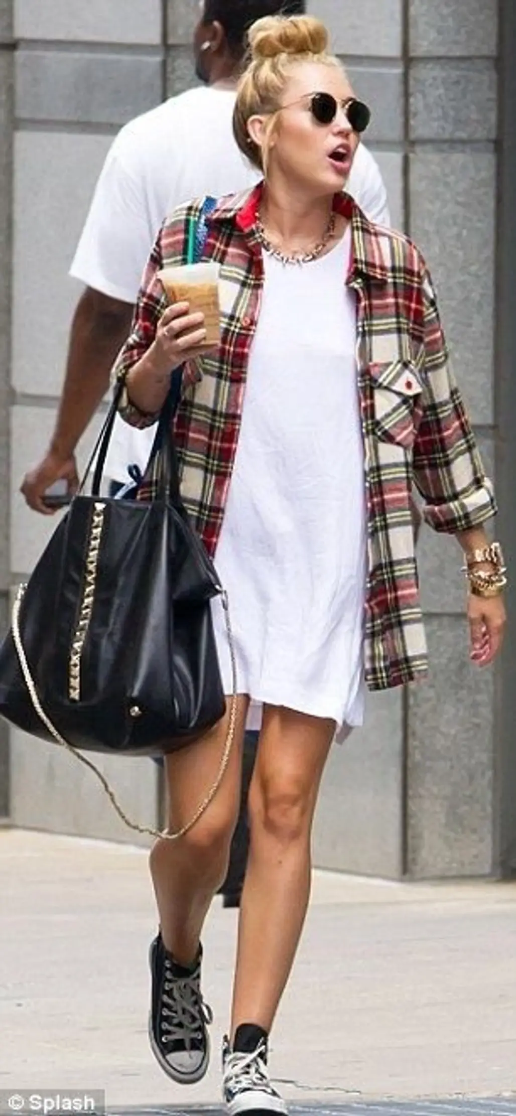 Miley's Oversized Plaid Shirt and High Bun Prove That Grungy Can Totally Be Sexy