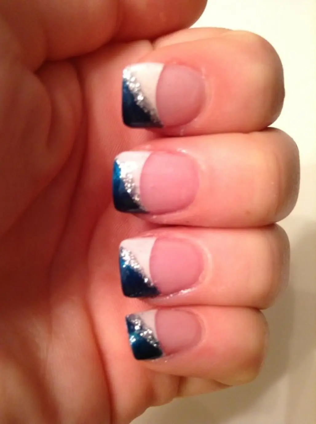 French Tip Nails with Blue and Glitter Design