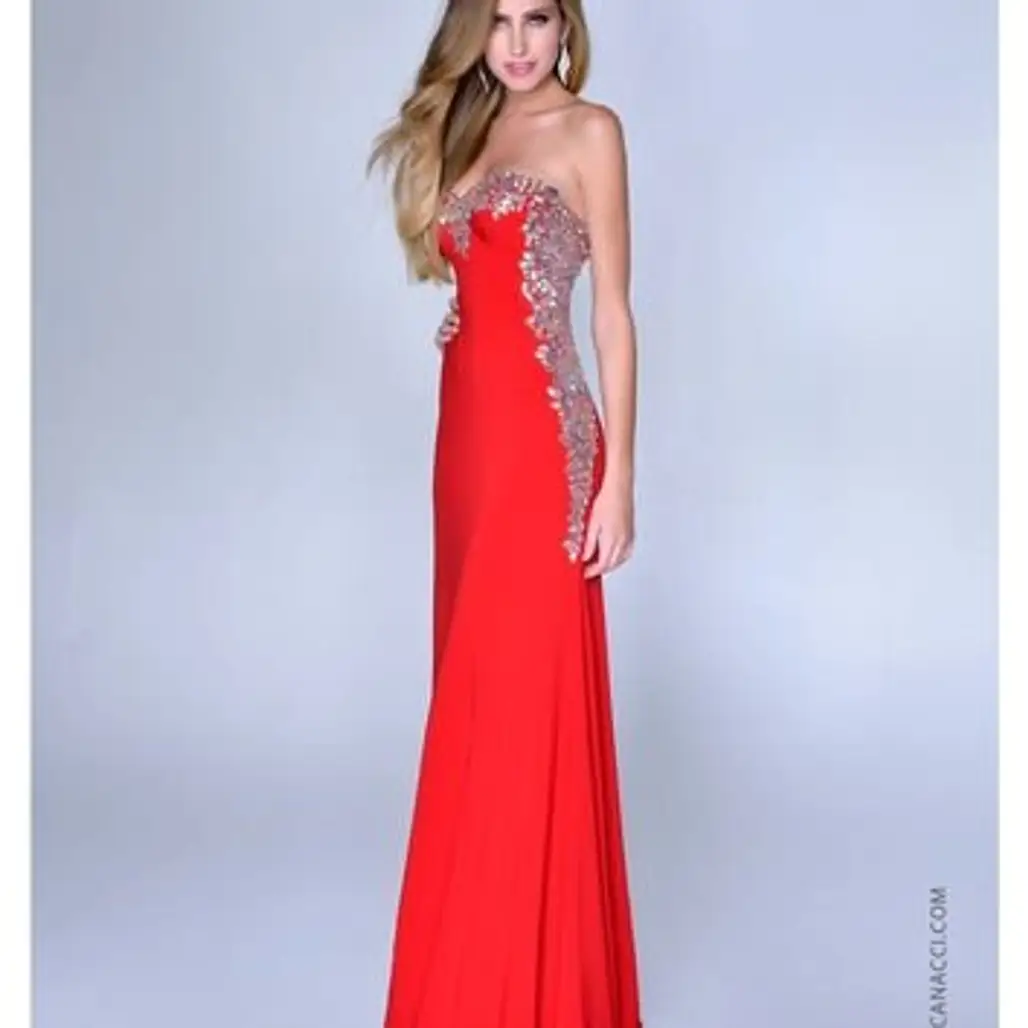 Nina Canacci 2014 Prom Dresses - Red Satin & Silver Filigree Strapless Gown