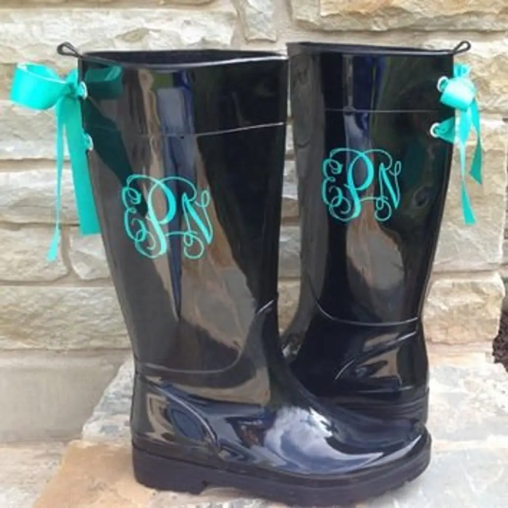 Monogrammed Black Gloss Rain Boots with Turquoise Bow