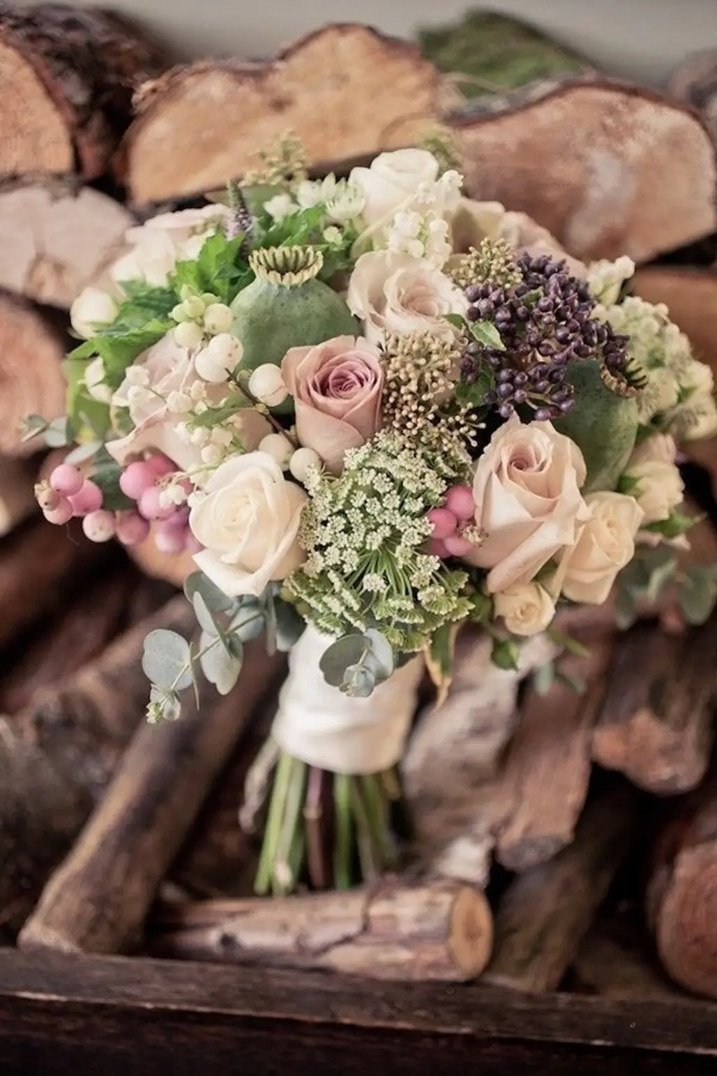 Vintage Roses with Hydrangea, Poppy Seed Heads, Astrantia, Snowberry and Herbs