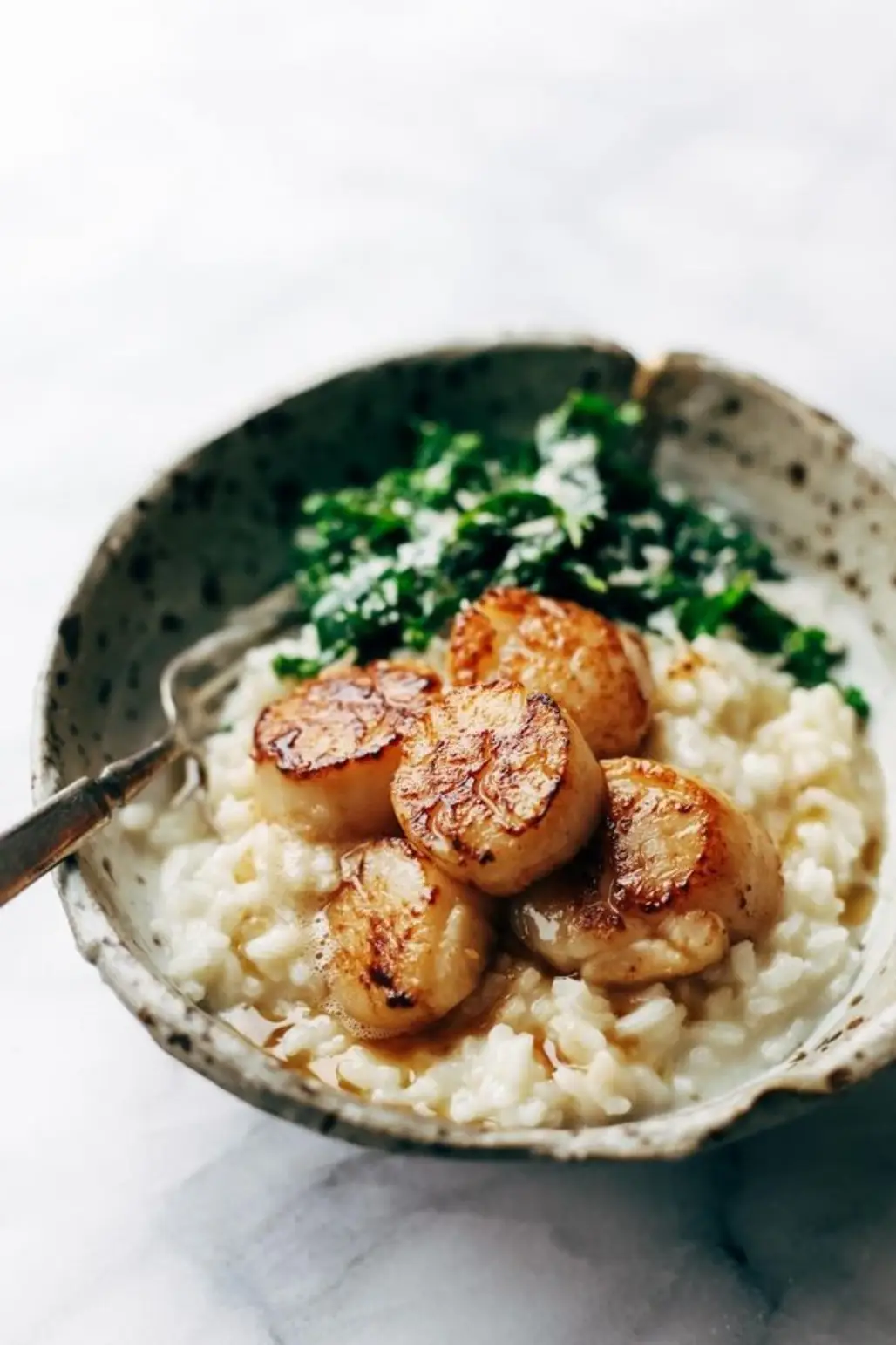Brown Butter Scallops with Parmesan Risotto and Garlic Spinach