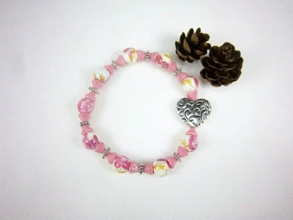 Silver Heart Charm Pink Glass Stretch Bracelet Stacking