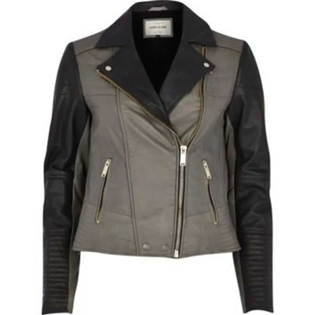 River Island Women’s Dark Grey Color Block Leather Biker Jacket