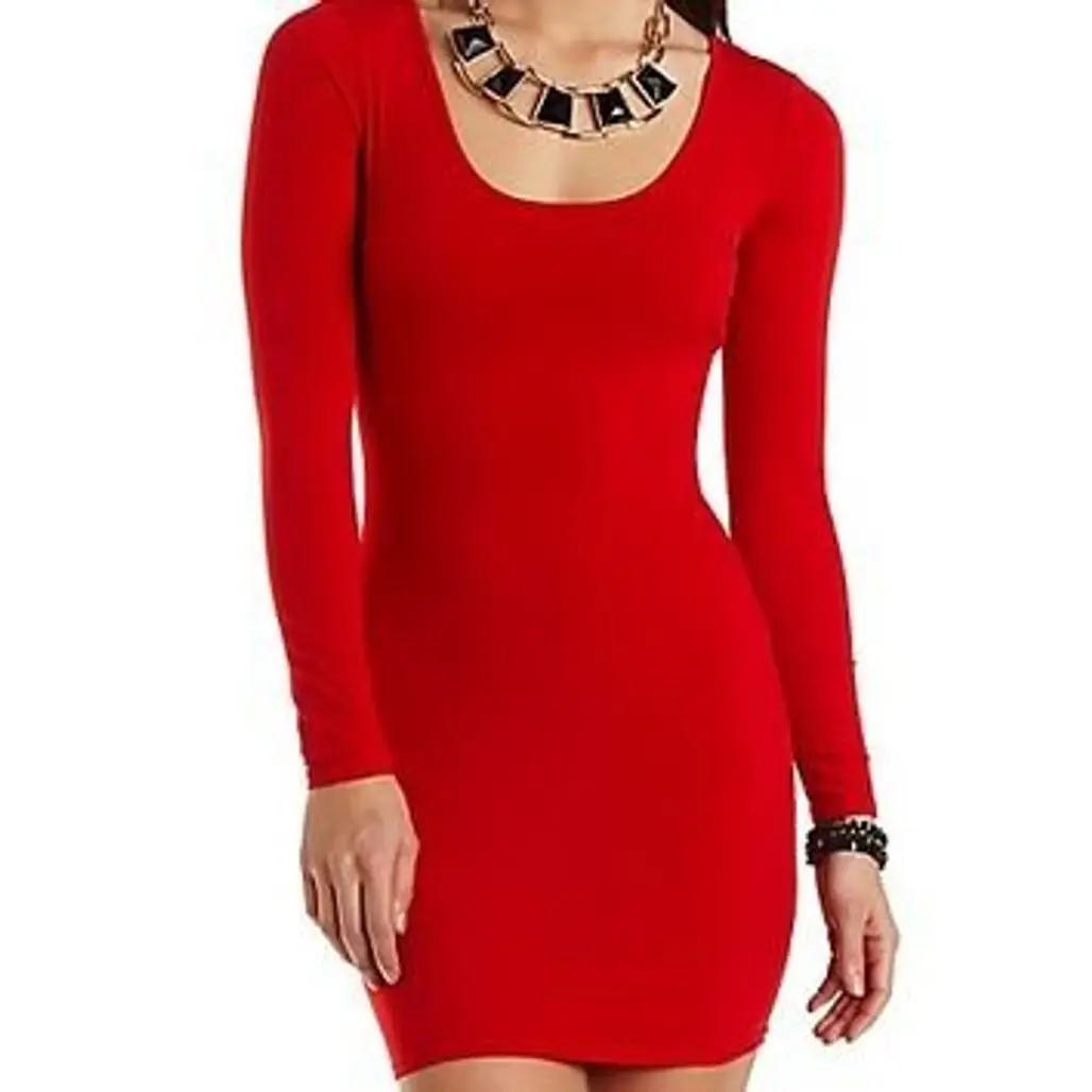 Lattice-Back Long Sleeve Bodycon Dress by Charlotte Russe - Red