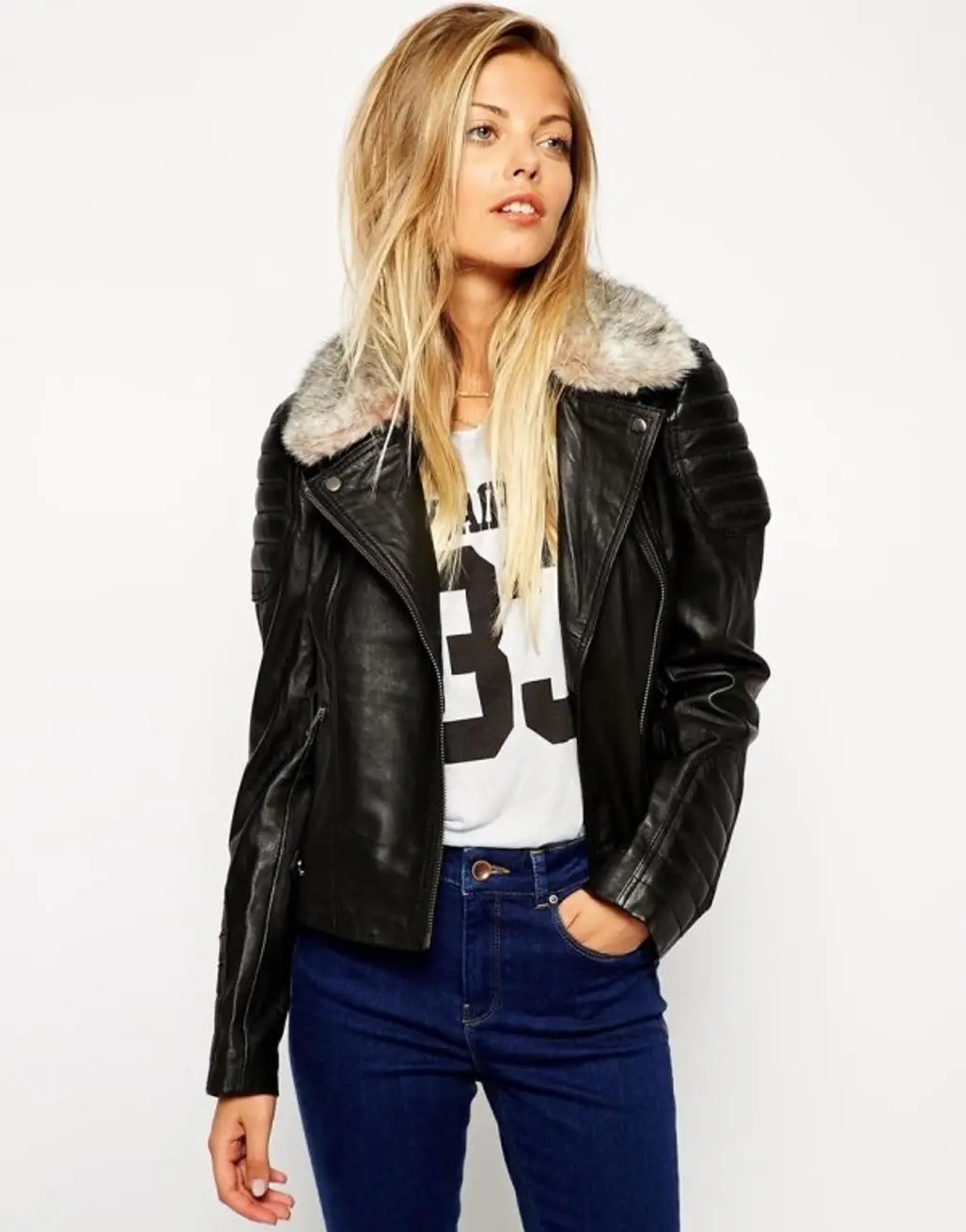 ASOS Leather Biker Jacket with Quilt Detail and Faux Fur Collar