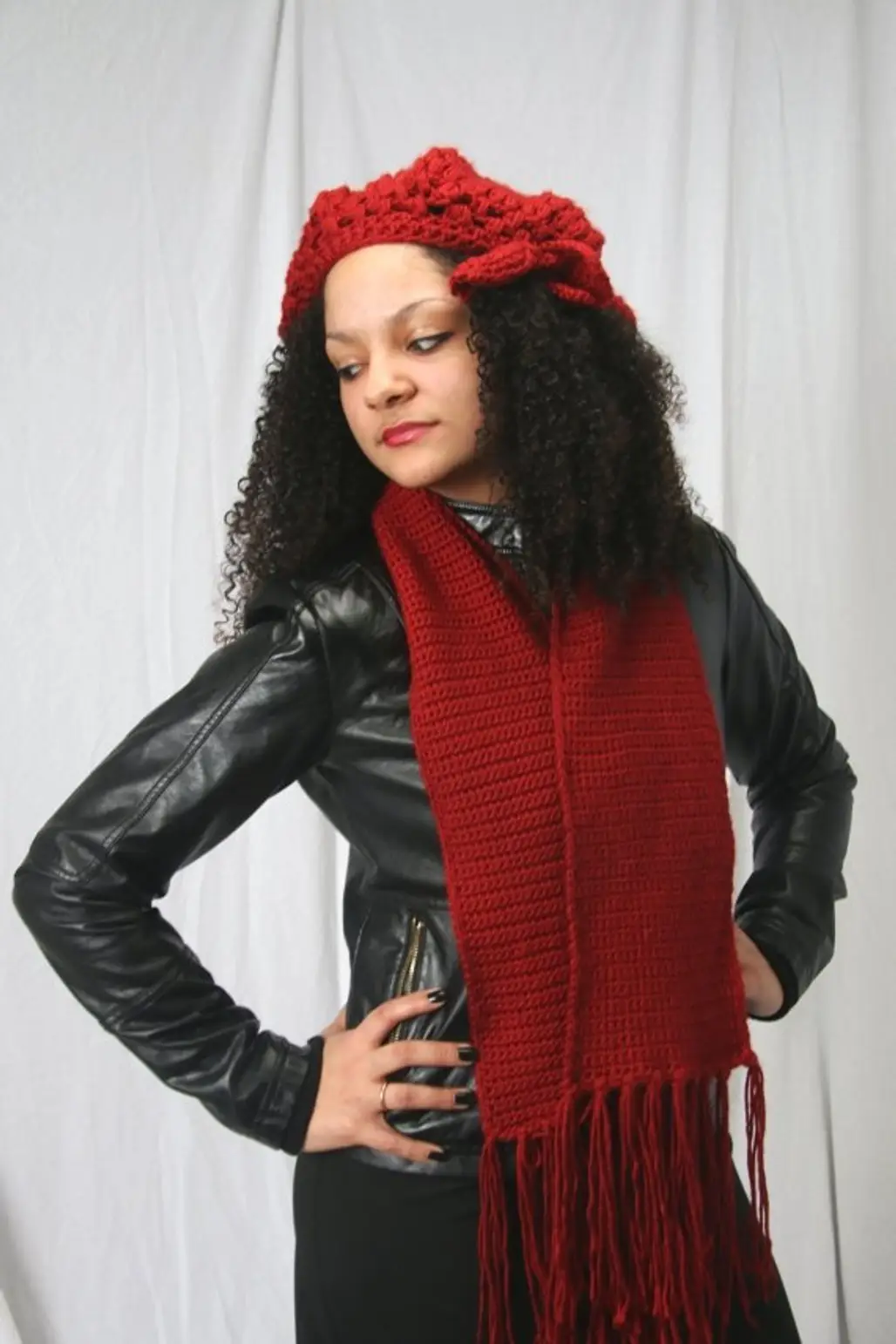 Crocheted Cloche Hat Set with Matching Fringe Scarf in Red