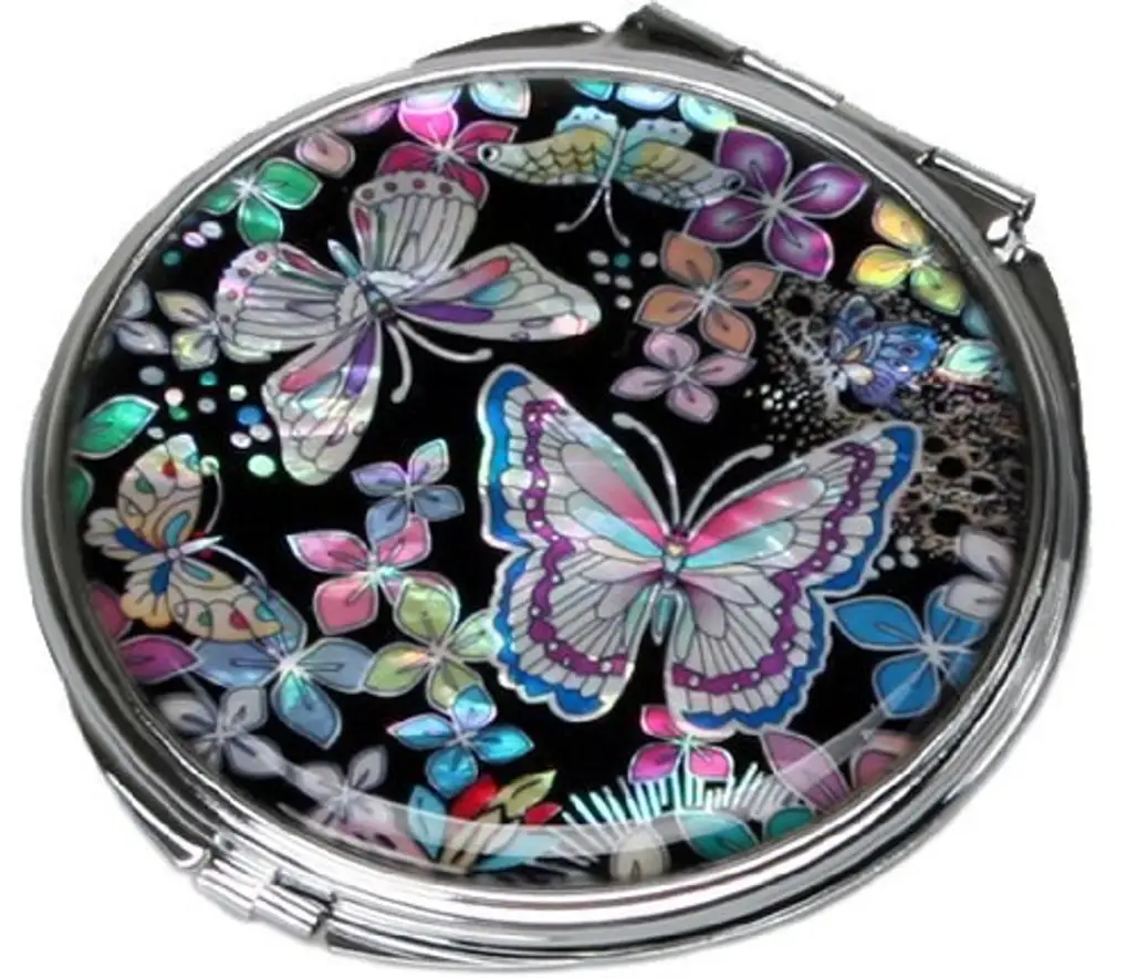 Mother of Pearl Butterfly Flower Double Compact Mirror