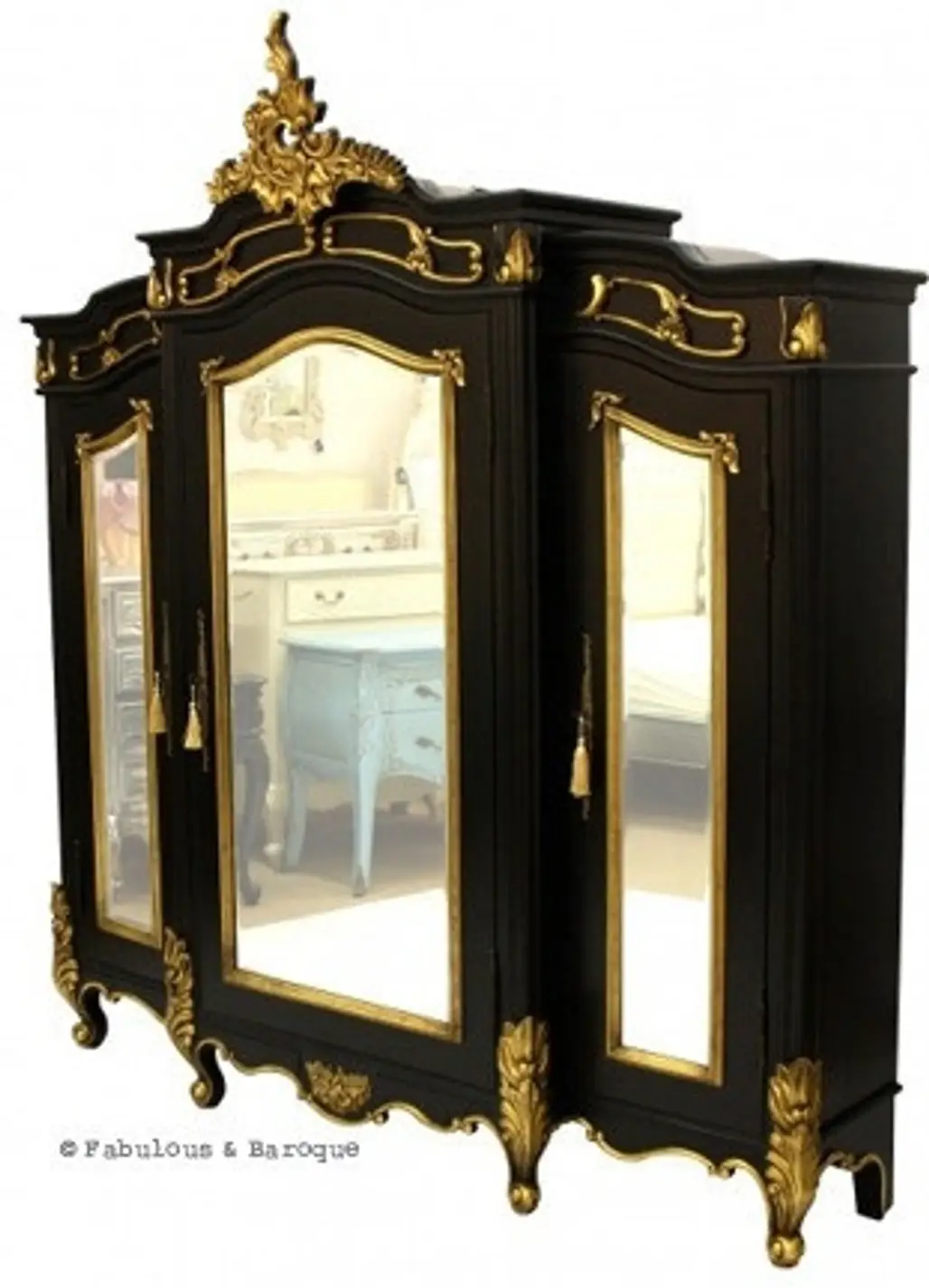 Micheline 3 Door Mirrored Armoire - Black & Gold Leaf