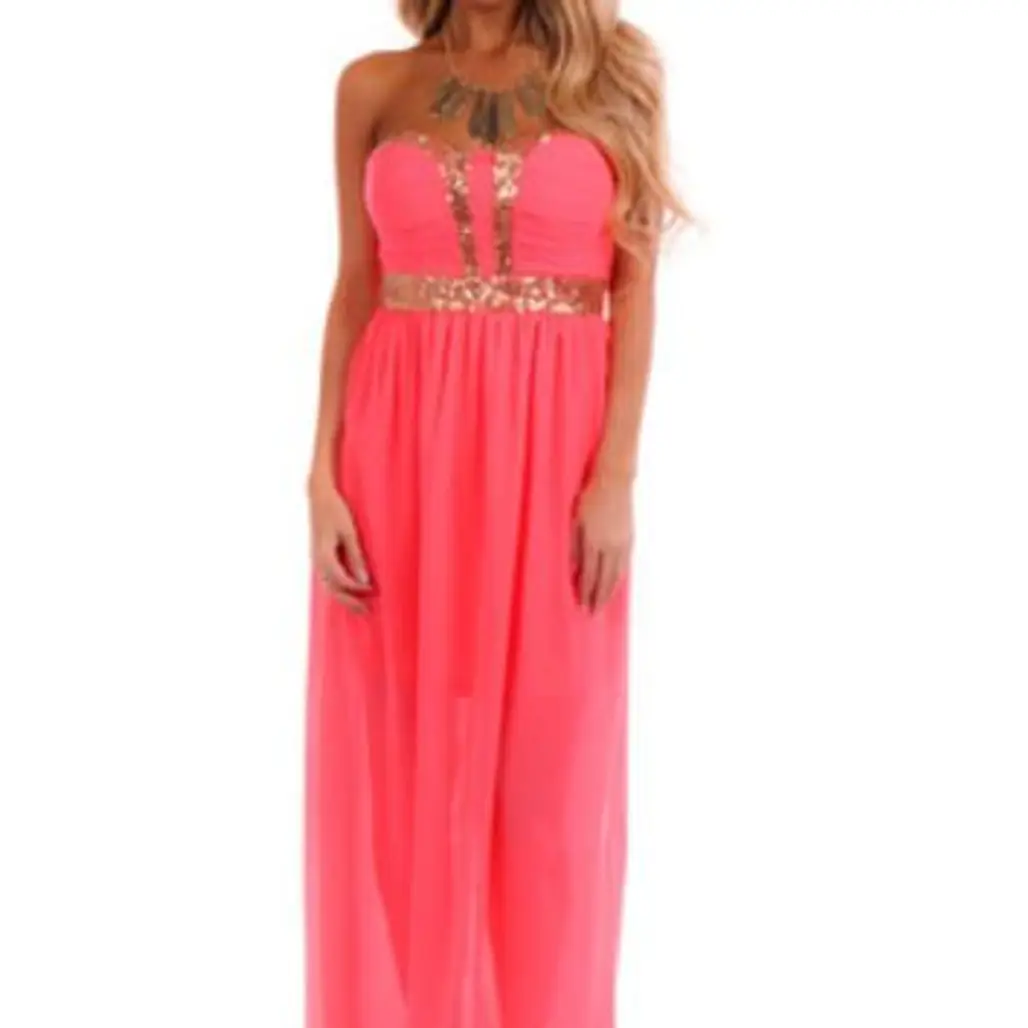 Bright Pink Strapless Sequin Trim Dress