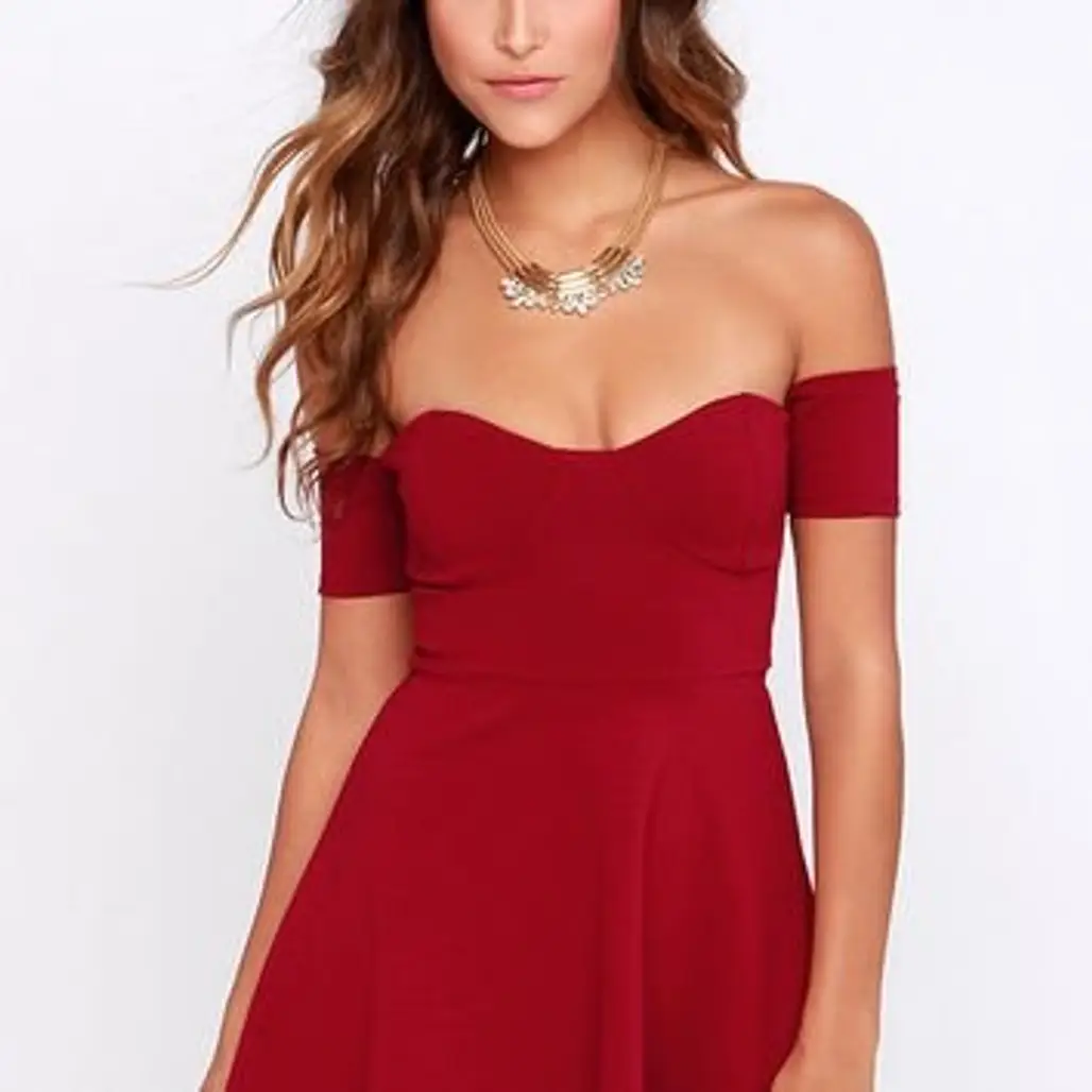Celebrate Good Times off-the-Shoulder Wine Red Dress