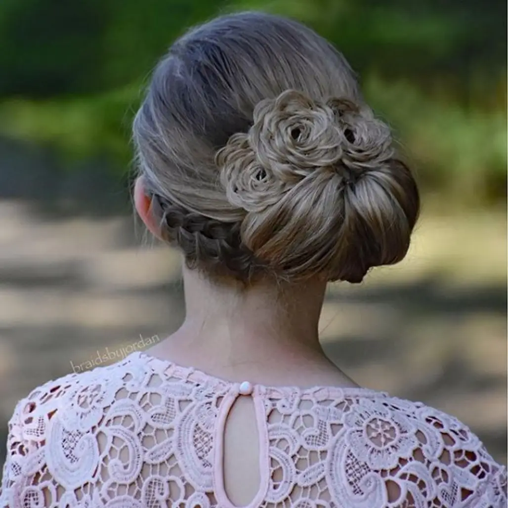 hair, hairstyle, close up, chignon, flower,