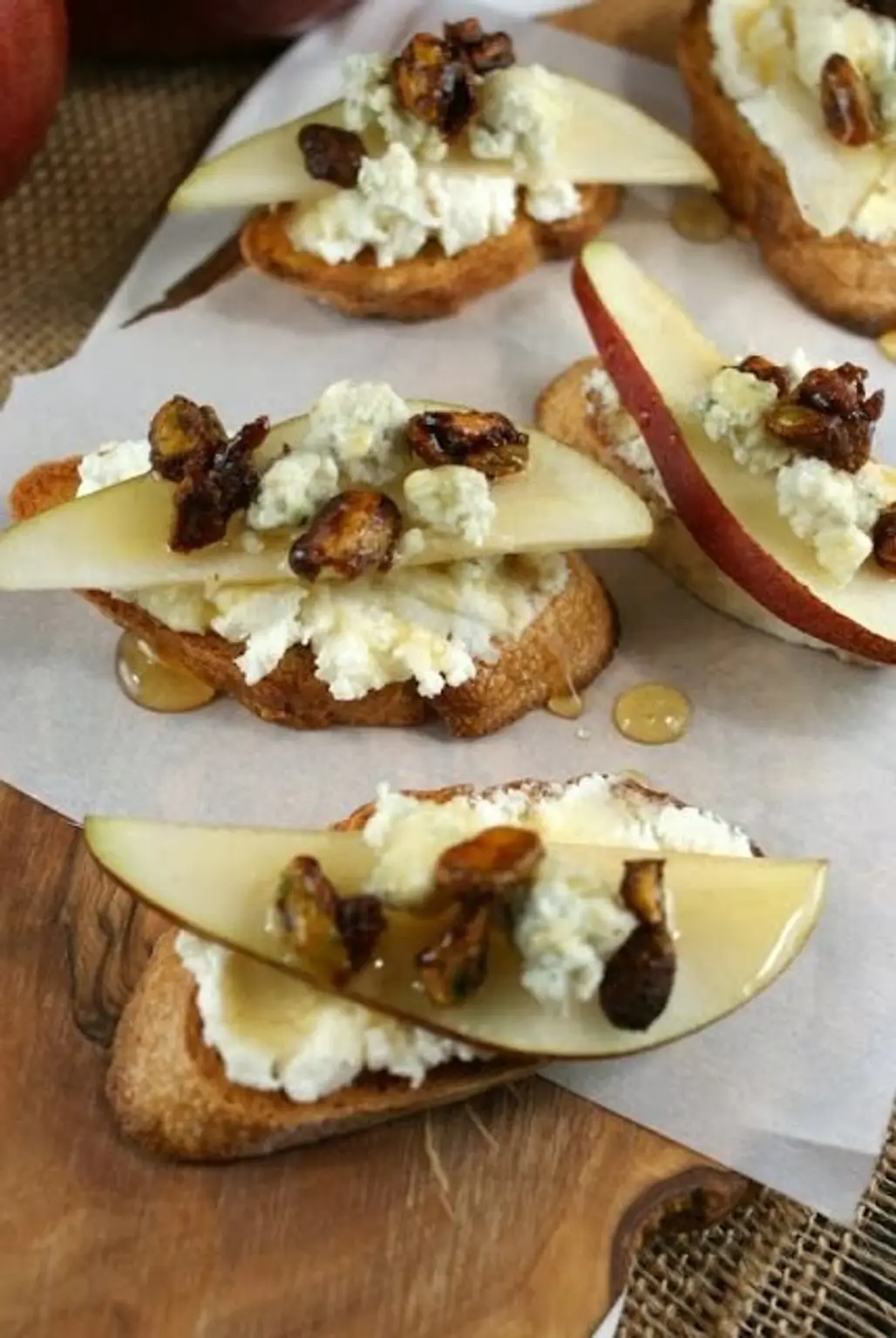 Pear and Honey Crostini with Spicy Candied Pistachios