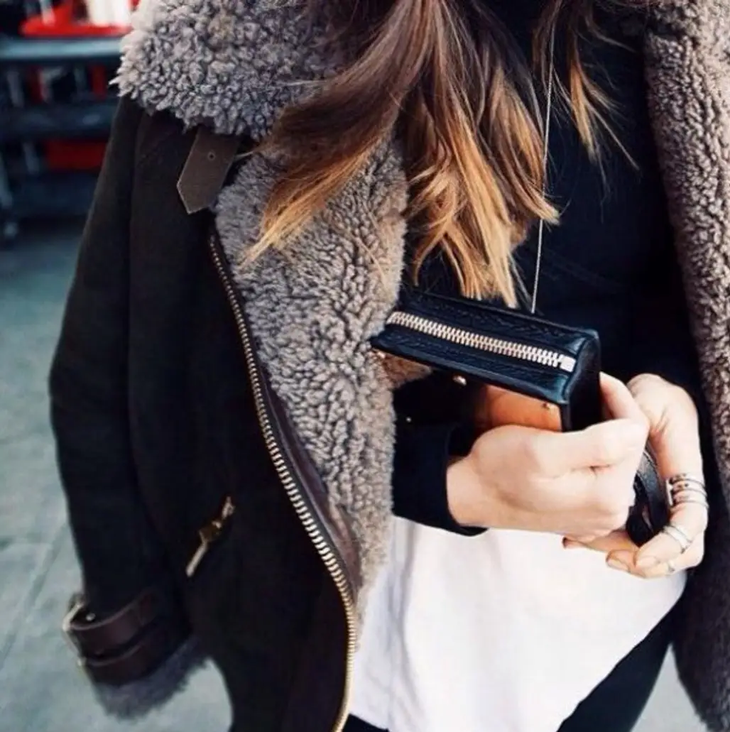 clothing, hair, hairstyle, leather, scarf,