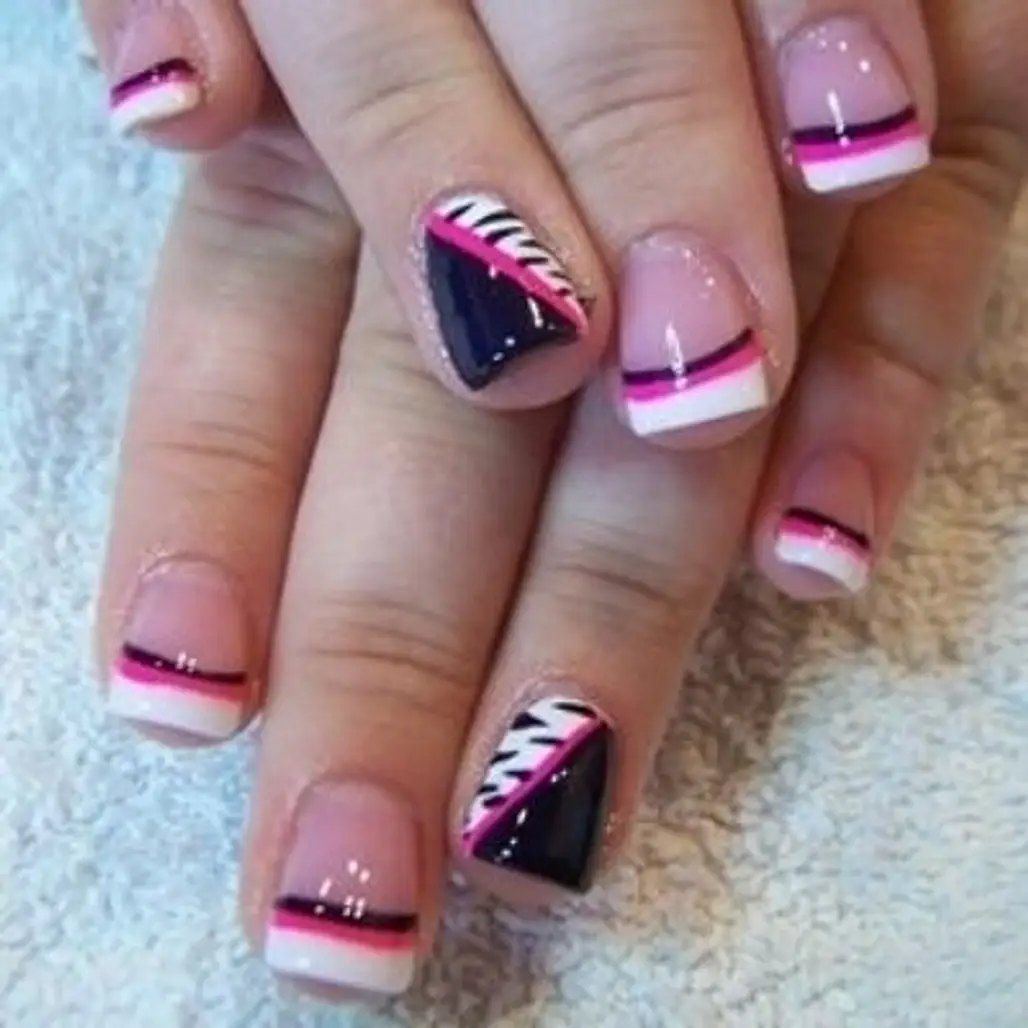 Pink, White, and Black French Tip Nail Design