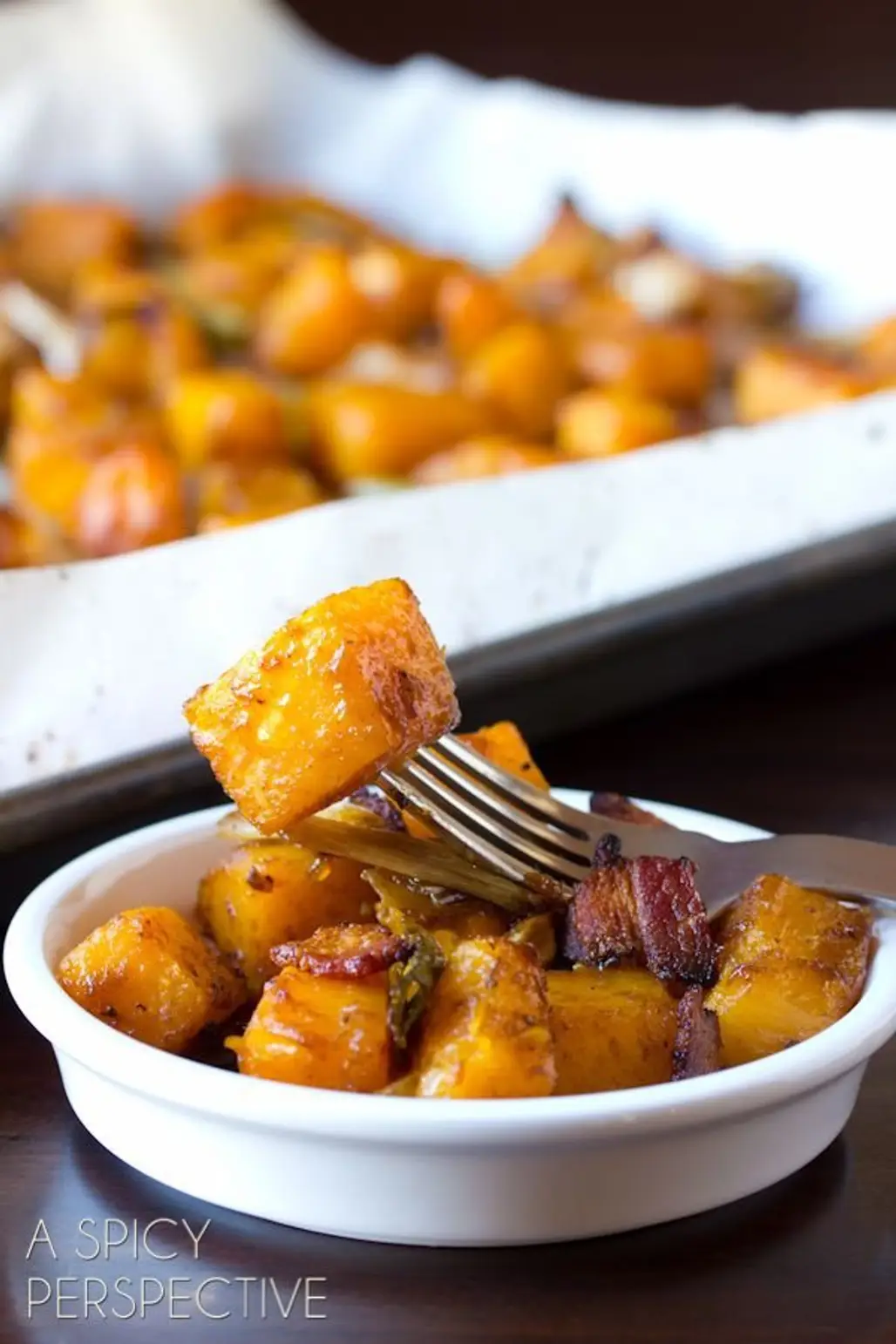 Roasted Butternut Squash with Leeks, Bacon and Apple Glaze