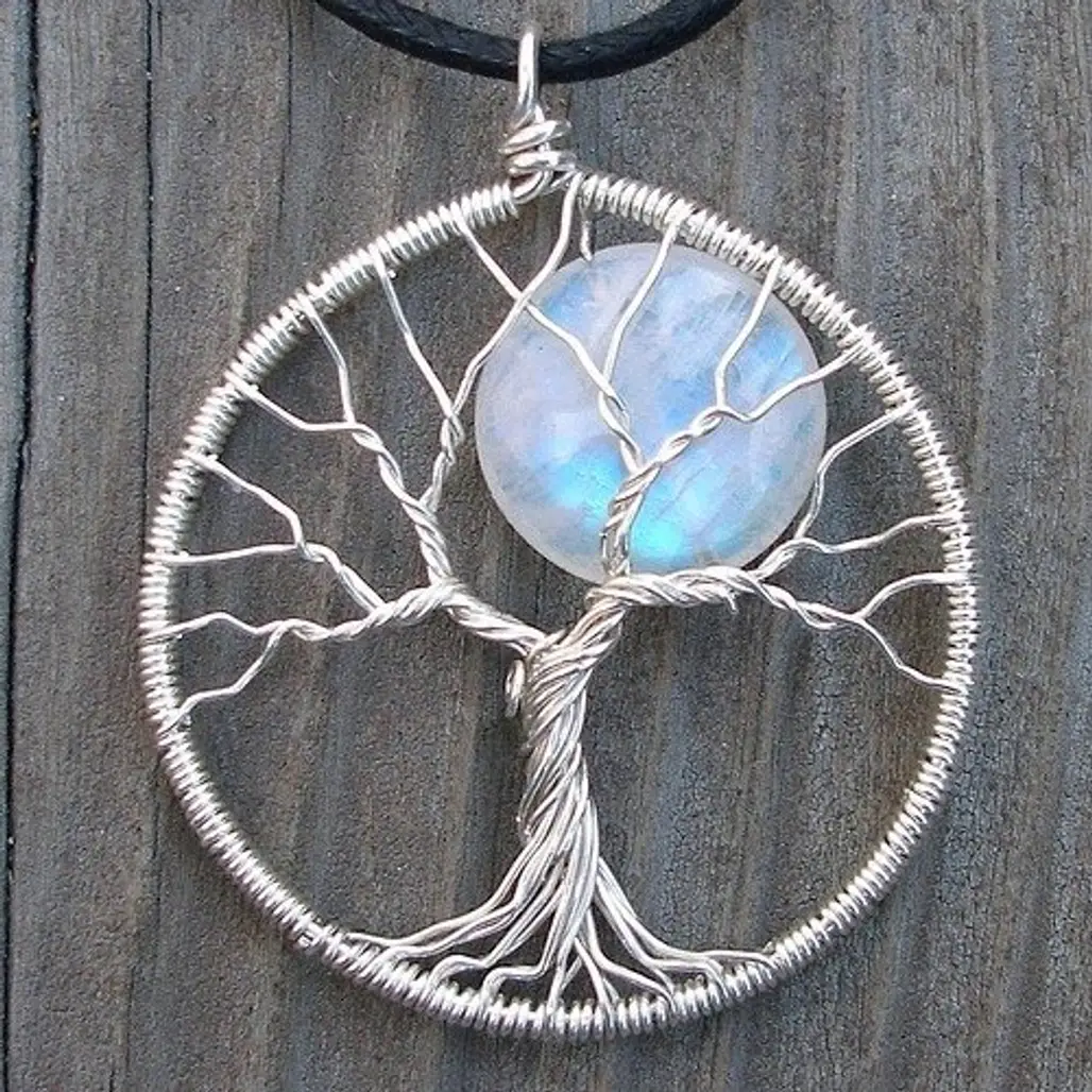 Recycled Silver and Rainbow Moonstone Full Moon Tree Pendant