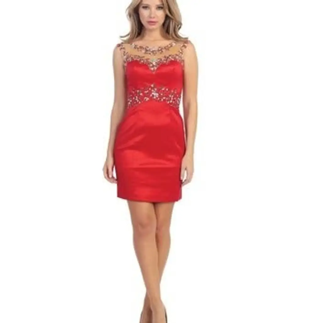 Red Gem Beaded Illusion Bodycon Dress Prom 2015