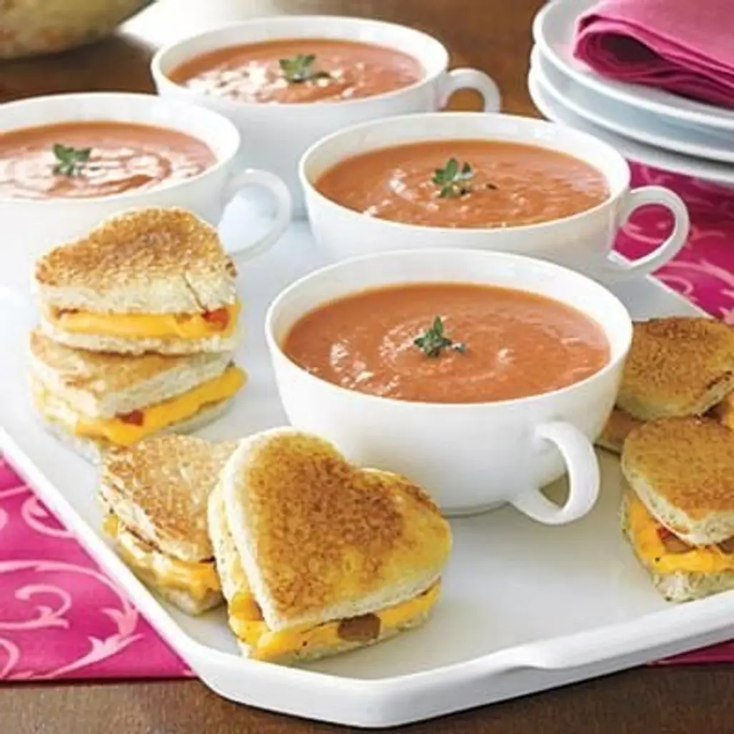 Creamy Tomato Soup with Heart Grilled Cheese Sandwiches