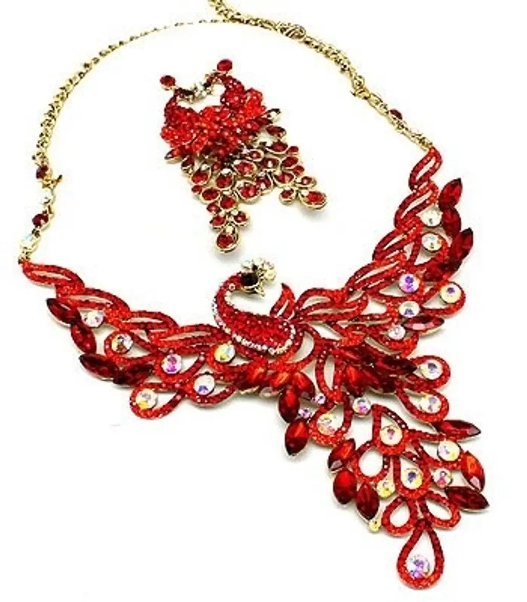 Red Bib Necklace and Earrings Set