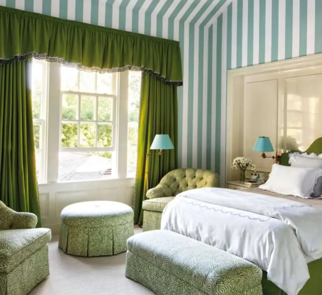Bedroom, Furniture, Room, Green, Curtain,