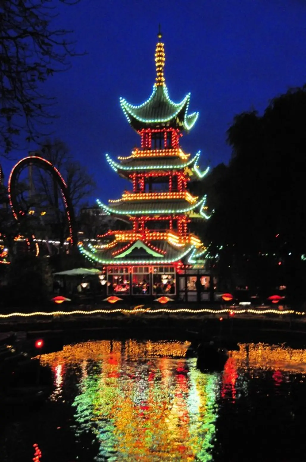 Tivoli Gardens,landmark,night,tower,christmas decoration,