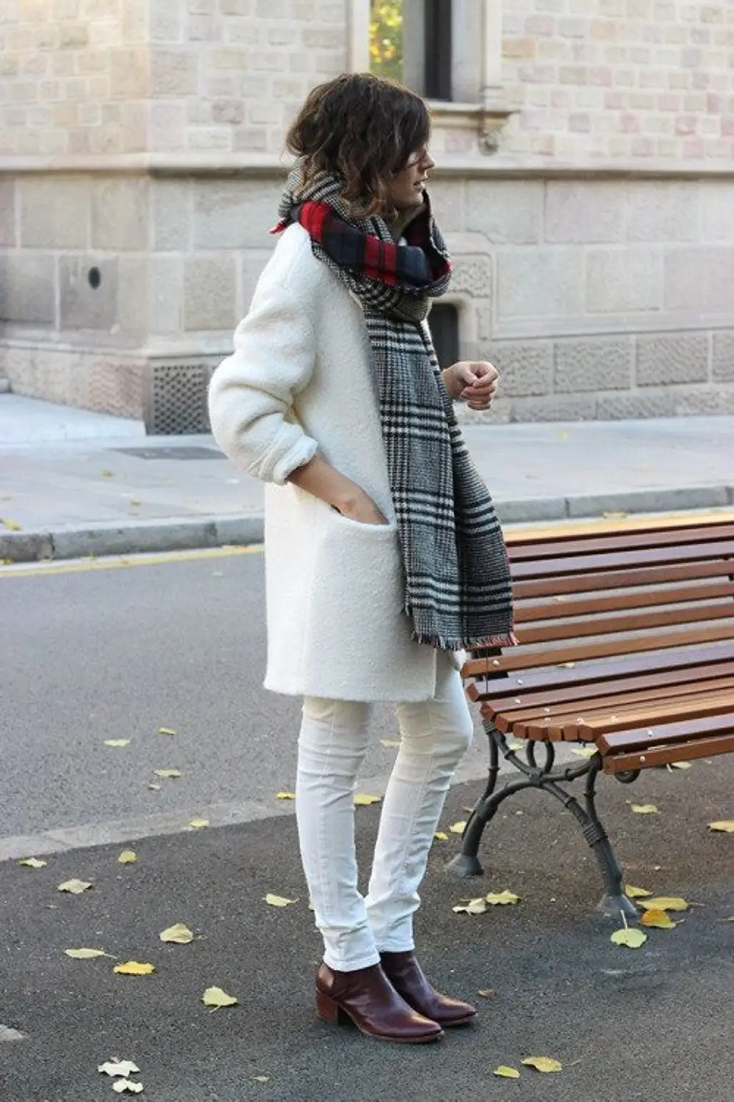 A Patterned Scarf Works Well with an All White Look