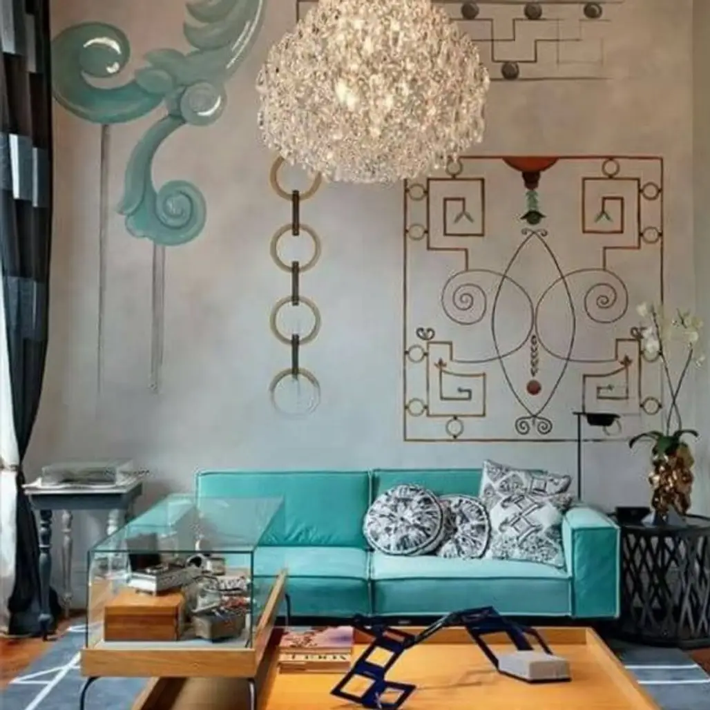 Living room, Room, Interior design, Turquoise, Furniture,