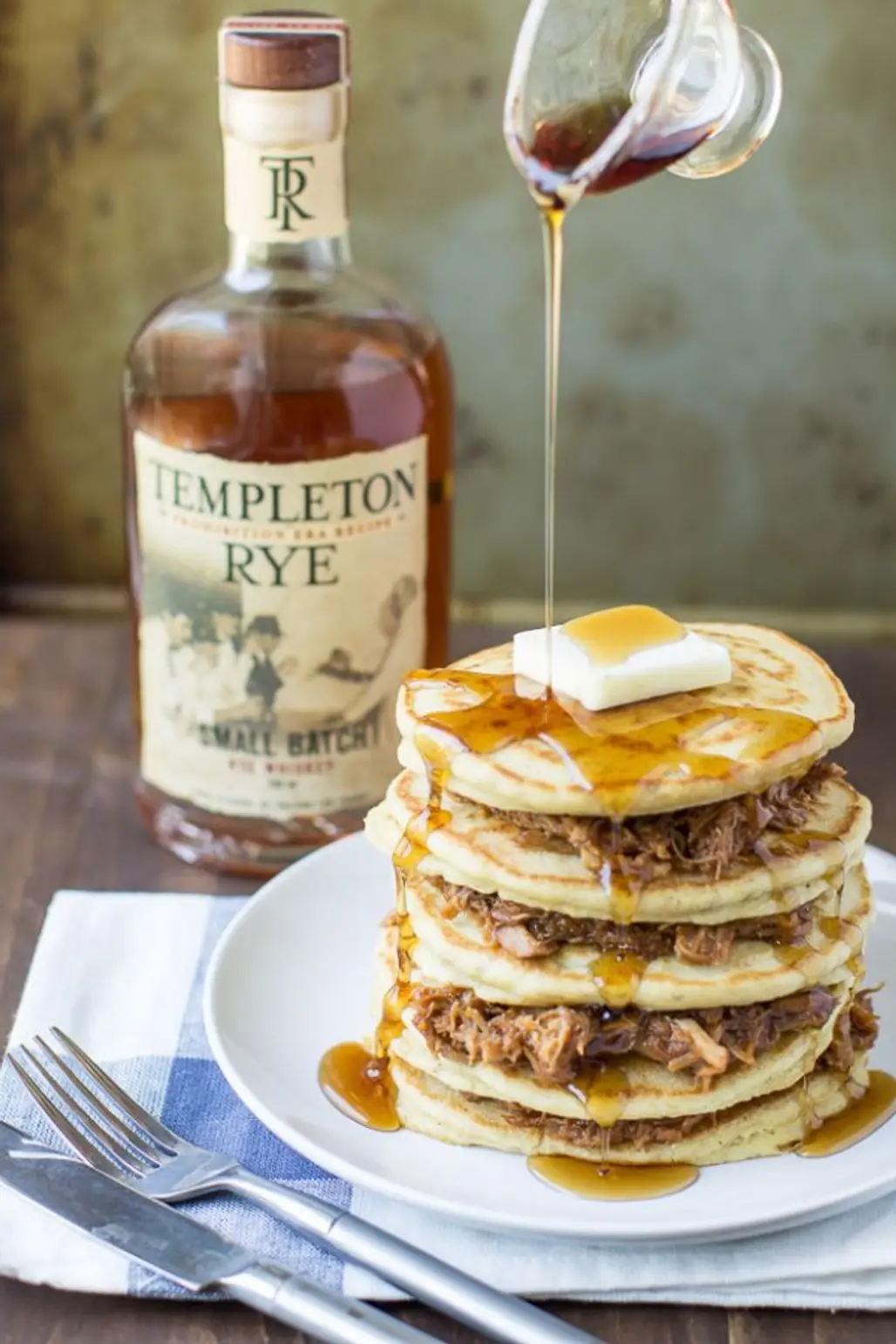 PULLED PORK PANCAKES with WHISKEY MAPLE SYRUP
