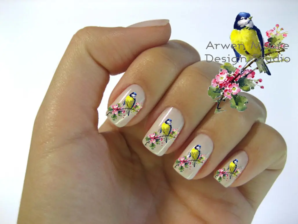Little Blue Bird with Pink Floral Nail Decal Stickers